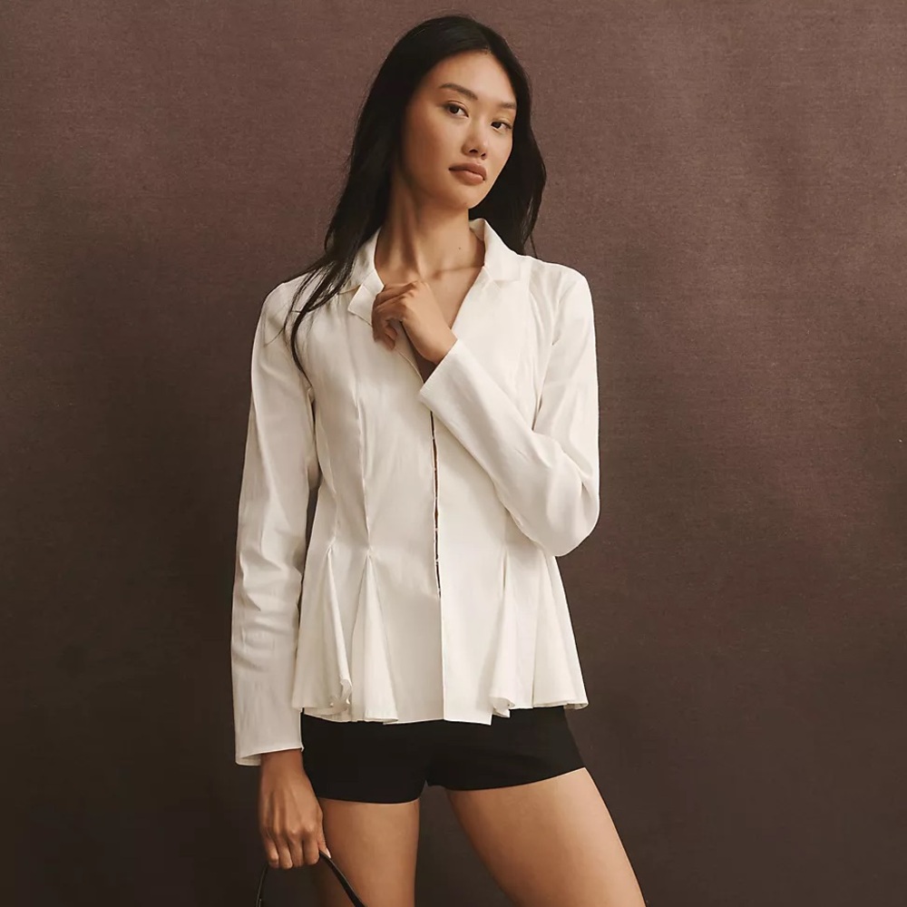 By Anthropologie Long-Sleeve Collared Linen Peplum Blouse in White